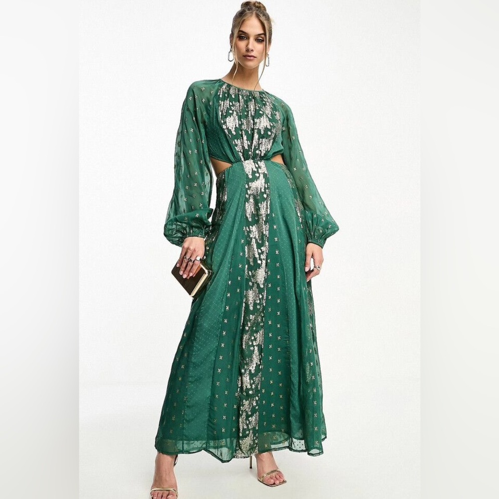 ASOS DESIGN Metallic Jacquard Midi Dress With Elasticated Back In Pine Green
